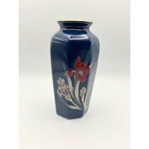 Fine China Japan Cobalt Blue Hexagonal Iris Vase Gold Gilt Floral 6"Inch